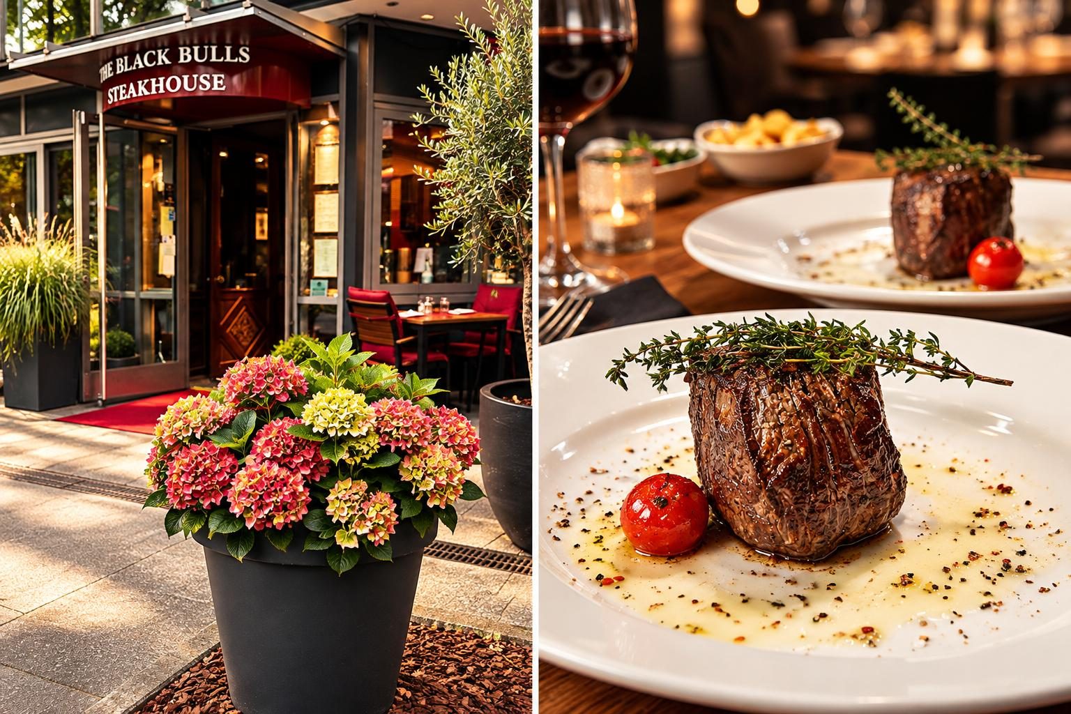 Eingang des Steakhouses und Filet auf dem Teller
